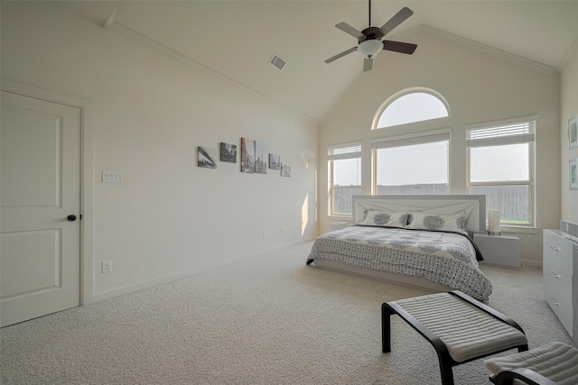 27003 Lindenwood Creek Ln, Katy, TX 77494 - bedroom with carpet, high vaulted ceiling, ceiling fan, and baseboards