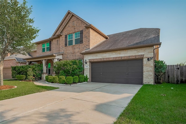 27003 Lindenwood Creek Ln, Katy, TX 77494 - view of front of property featuring driveway, stone siding, a garage, brick siding, and a shingled roof