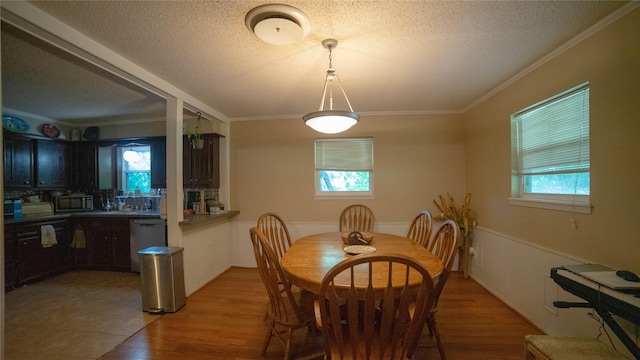 205 Mesa Dr, Gatesville, TX 76528 - dining room featuring a textured ceiling, crown molding, light wood-style floors, and a wainscoted wall