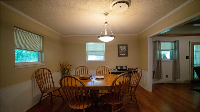 205 Mesa Dr, Gatesville, TX 76528 - dining area with wood finished floors, healthy amount of natural light, a textured ceiling, ornamental molding, and wainscoting