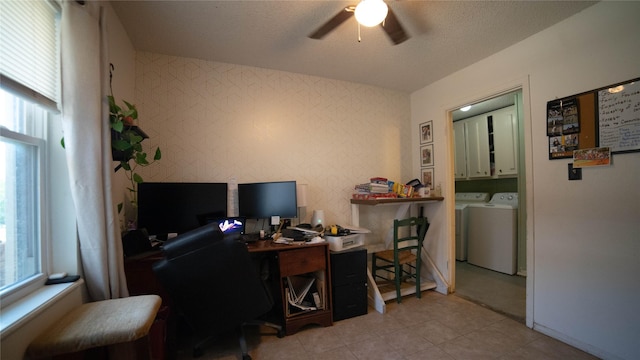 205 Mesa Dr, Gatesville, TX 76528 - office space featuring washing machine and dryer, a ceiling fan, wallpapered walls, light tile patterned flooring, and baseboards