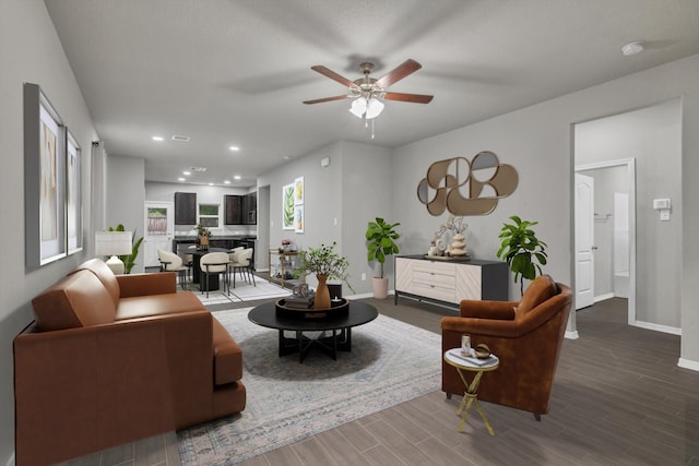 24742 Russet Bluff Trl, Houston, TX 77336 - living area featuring wood finished floors, baseboards, ceiling fan, and recessed lighting