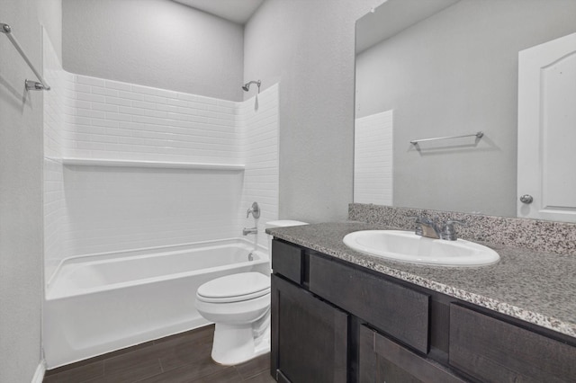 24742 Russet Bluff Trl, Houston, TX 77336 - bathroom with  shower combination, toilet, vanity, and wood finished floors