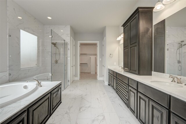 26510 Crimson Bluff Ln, Katy, TX 77494 - full bathroom featuring a marble finish shower, double vanity, baseboards, a garden tub, and recessed lighting