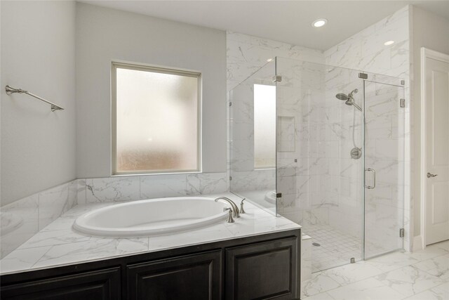 26510 Crimson Bluff Ln, Katy, TX 77494 - bathroom with a marble finish shower, a bath, marble look tile flooring, and recessed lighting