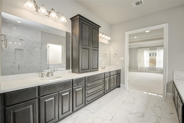 26510 Crimson Bluff Ln, Katy, TX 77494 - full bath featuring double vanity, marble look tile flooring, baseboards, a marble finish shower, and recessed lighting
