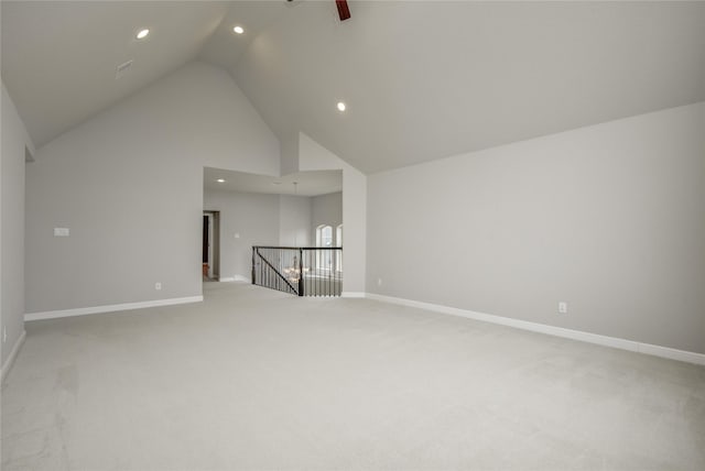 26510 Crimson Bluff Ln, Katy, TX 77494 - bonus room featuring light carpet, recessed lighting, baseboards, high vaulted ceiling, and a ceiling fan