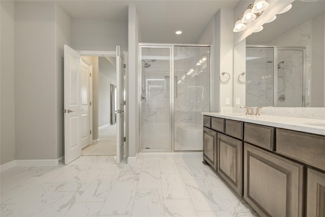 26510 Crimson Bluff Ln, Katy, TX 77494 - bathroom with marble look tiles, a stall shower, vanity, recessed lighting, and baseboards