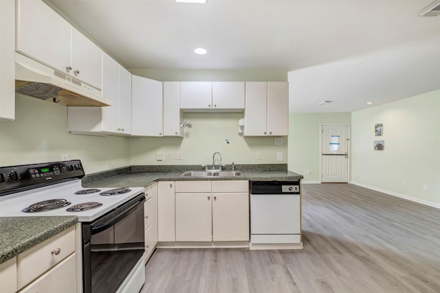 1037 Wall St, Houston, TX 77088 - kitchen with range with electric stovetop, white dishwasher, under cabinet range hood, a sink, and light wood-type flooring