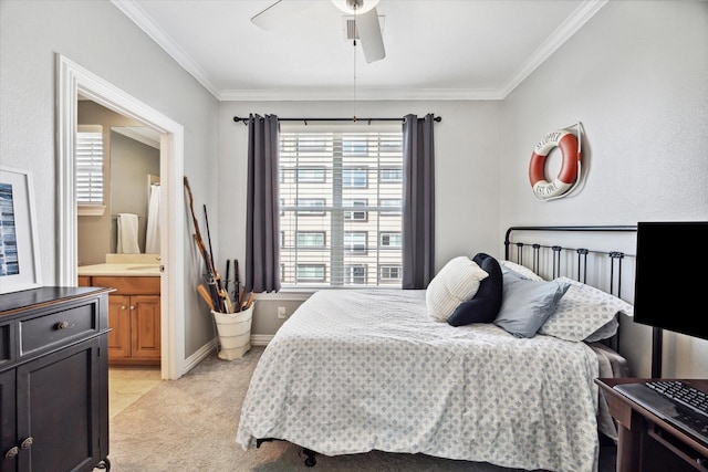 18731 Egret Oaks Ln, Webster, TX 77058 - bedroom featuring ornamental molding, light colored carpet, connected bathroom, baseboards, and a ceiling fan