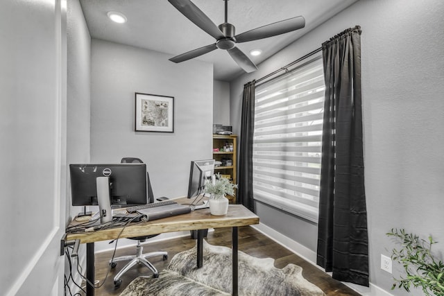 5315 Hammond Cir, Iola, TX 77861 - office with ceiling fan, wood finished floors, baseboards, and recessed lighting