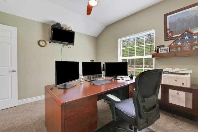 24240 Oak Hollow Blvd, Hockley, TX 77447 - carpeted office featuring ceiling fan, lofted ceiling, and baseboards