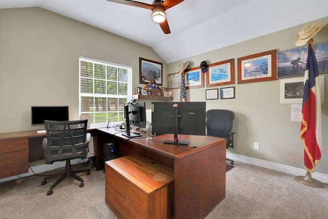 24240 Oak Hollow Blvd, Hockley, TX 77447 - office featuring carpet, lofted ceiling, ceiling fan, and baseboards