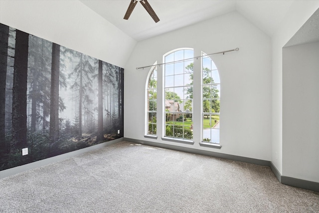 18715 Big Cypress Dr, Spring, TX 77388 - empty room with lofted ceiling, carpet, a ceiling fan, and baseboards