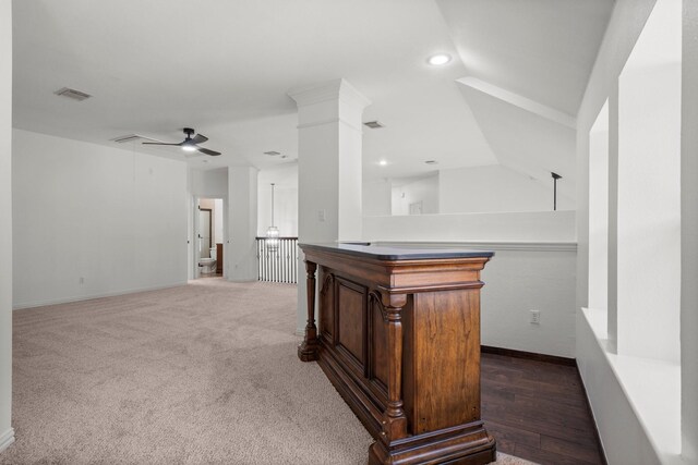 35 Dewdrift Pl, The Woodlands, TX 77382 - bar area with baseboards, recessed lighting, a ceiling fan, and dark carpet