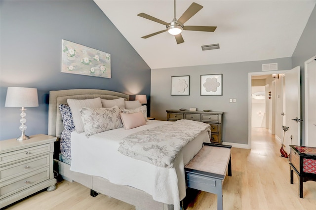 2014 Augusta Dr, Houston, TX 77057 - bedroom featuring light wood-style flooring, high vaulted ceiling, ceiling fan, and baseboards