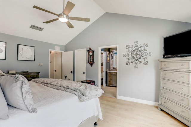 2014 Augusta Dr, Houston, TX 77057 - bedroom with high vaulted ceiling, light wood-type flooring, baseboards, ceiling fan, and ensuite bathroom