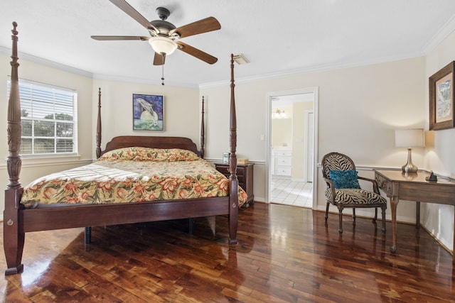 718 Pine Rd, Clear Lake Shores, TX 77565 - bedroom with hardwood / wood-style floors, ornamental molding, ensuite bath, baseboards, and ceiling fan