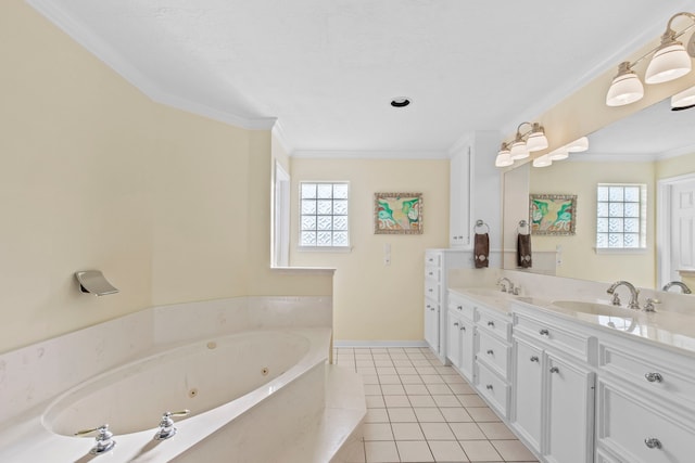 718 Pine Rd, Clear Lake Shores, TX 77565 - full bathroom featuring double vanity, crown molding, a whirlpool tub, tile patterned floors, and baseboards
