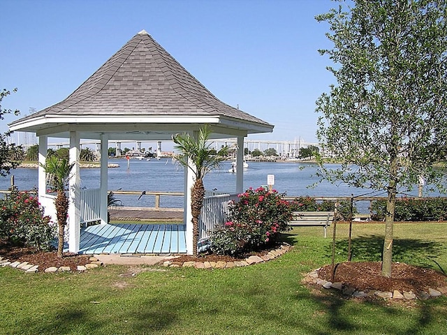 718 Pine Rd, Clear Lake Shores, TX 77565 - view of property's community with a gazebo, a water view, and a lawn