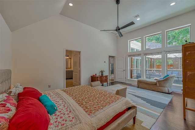 5918 Emmit Creek Ln, Sugar Land, TX 77479 - bedroom with high vaulted ceiling, wood finished floors, recessed lighting, and ceiling fan