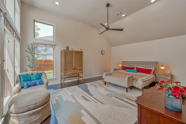 5918 Emmit Creek Ln, Sugar Land, TX 77479 - bedroom with recessed lighting, wood finished floors, high vaulted ceiling, ceiling fan, and baseboards