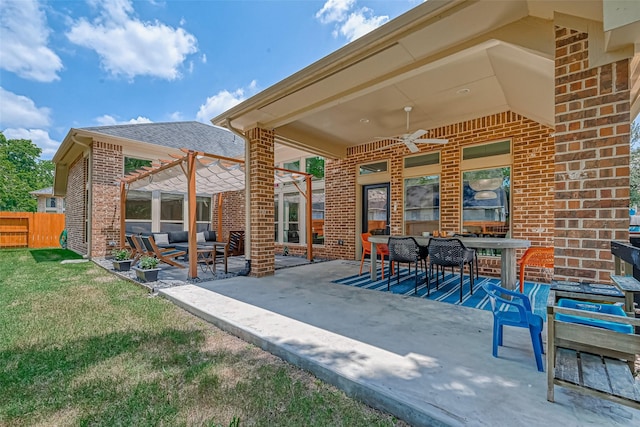 5918 Emmit Creek Ln, Sugar Land, TX 77479 - view of patio featuring a ceiling fan, outdoor lounge area, a pergola, and outdoor dining area