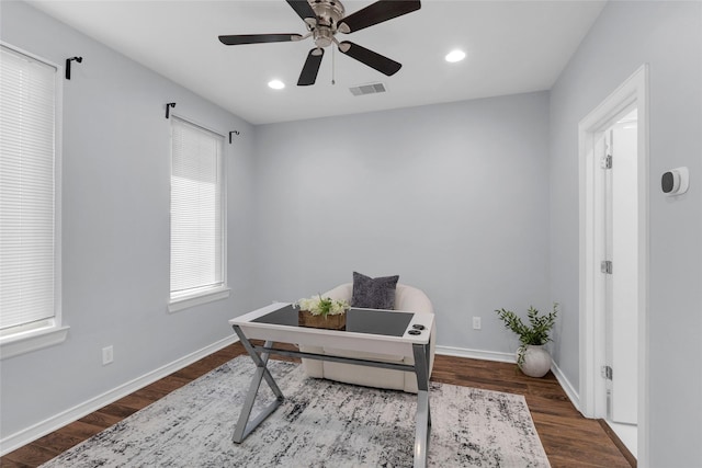 2719 Clay St, Houston, TX 77003 - living area with wood finished floors, ceiling fan, baseboards, and recessed lighting