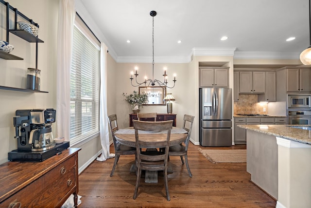 3303 New Garden View Ln, Houston, TX 77018 - dining room featuring dark wood-style floors, a chandelier, crown molding, baseboards, and recessed lighting
