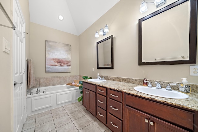 3303 New Garden View Ln, Houston, TX 77018 - full bathroom featuring tile patterned floors, double vanity, lofted ceiling, and a garden tub