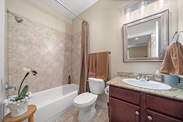 3303 New Garden View Ln, Houston, TX 77018 - bathroom with shower / bath combo with shower curtain, vanity, toilet, tile patterned floors, and baseboards
