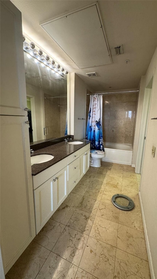 3505 Sage Rd Unit 2405, Houston, TX 77056 - full bathroom featuring double vanity, shower / bath combination with curtain, toilet, marble finish flooring, and baseboards