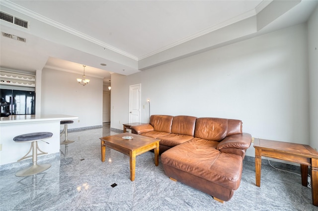 3505 Sage Rd Unit 2405, Houston, TX 77056 - living room featuring crown molding and a chandelier