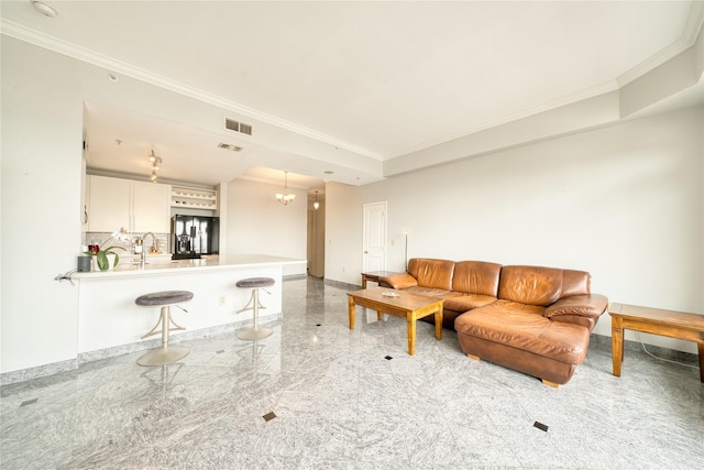 3505 Sage Rd Unit 2405, Houston, TX 77056 - living area featuring granite floors, crown molding, and a chandelier