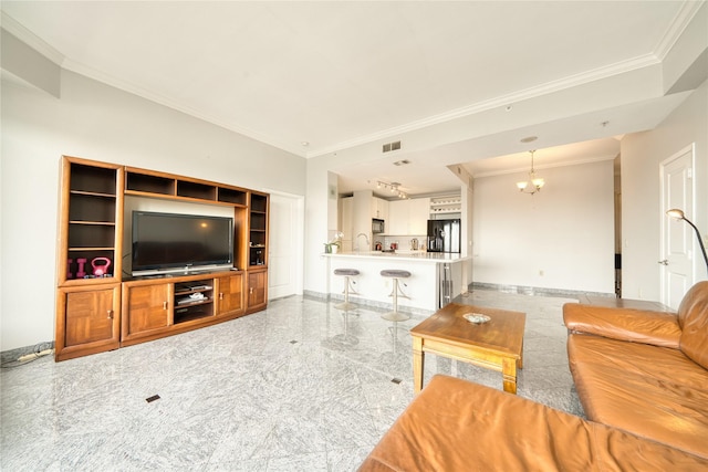 3505 Sage Rd Unit 2405, Houston, TX 77056 - living room with granite tiled floors, crown molding, and a chandelier