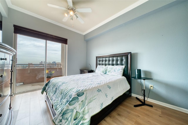 3505 Sage Rd Unit 2405, Houston, TX 77056 - bedroom with crown molding, light wood-style floors, access to outside, and a ceiling fan
