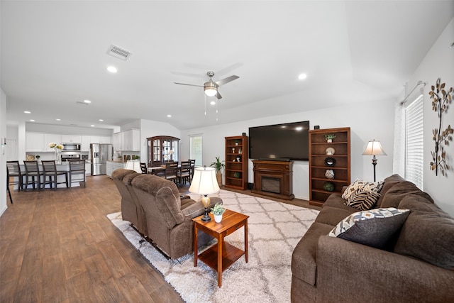 3313 Cold Swan Ct, Conroe, TX 77301 - living room with hardwood / wood-style flooring, ceiling fan, and recessed lighting