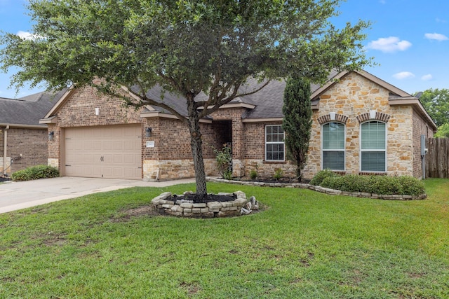 20423 Barrel Run Dr, Hockley, TX 77447 - view of front facade with an attached garage, driveway, stone siding, brick siding, and a shingled roof