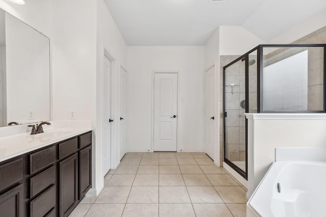 20423 Barrel Run Dr, Hockley, TX 77447 - bathroom with a stall shower, a garden tub, vanity, and tile patterned flooring