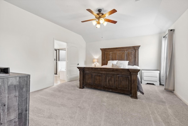 20423 Barrel Run Dr, Hockley, TX 77447 - bedroom with light carpet, vaulted ceiling, ensuite bathroom, and a ceiling fan