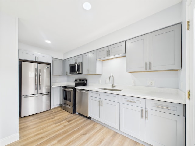 10380 Briar Forest Dr Unit 32/6, Houston, TX 77042 - kitchen with appliances with stainless steel finishes, a sink, gray cabinets, recessed lighting, and light wood-type flooring