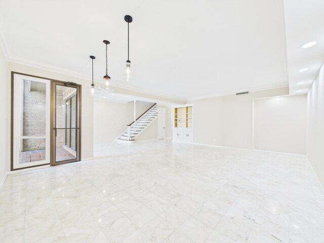 7608 Del Monte Dr, Houston, TX 77063 - unfurnished room featuring marble tiled flooring, stairs, crown molding, baseboards, and french doors