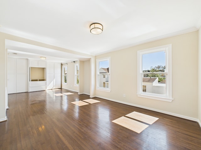 7608 Del Monte Dr, Houston, TX 77063 - unfurnished living room featuring ornamental molding, wood finished floors, and baseboards