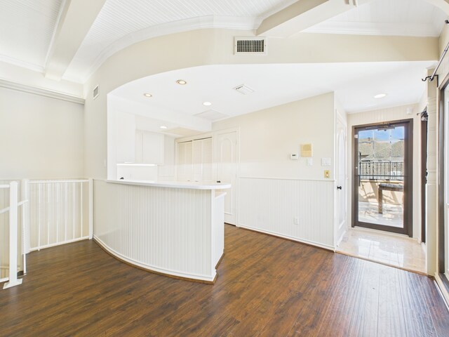 7608 Del Monte Dr, Houston, TX 77063 - interior space with dark wood finished floors, wainscoting, crown molding, and recessed lighting