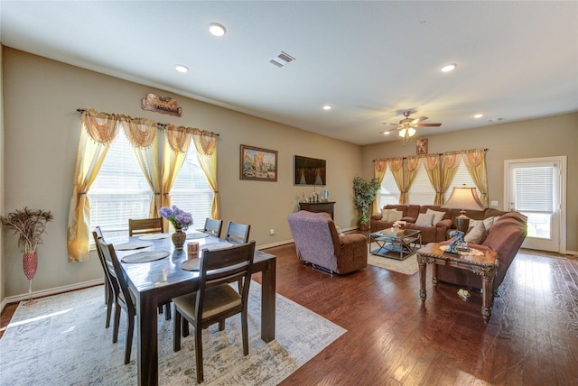 9710 Wild Orange Ct, Spring, TX 77379 - dining area featuring dark wood-type flooring, ceiling fan, recessed lighting, and baseboards