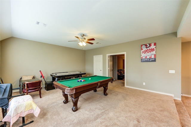 9710 Wild Orange Ct, Spring, TX 77379 - playroom featuring light colored carpet, a ceiling fan, billiards, baseboards, and lofted ceiling