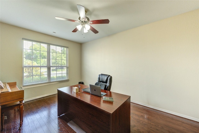 9710 Wild Orange Ct, Spring, TX 77379 - office featuring dark wood-style flooring, ceiling fan, and baseboards