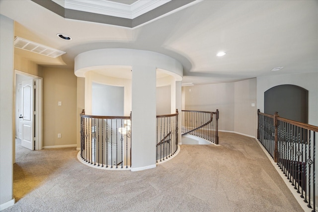 14603 Hampton Green Ln, Houston, TX 77044 - hallway with an upstairs landing, carpet, ornamental molding, recessed lighting, and baseboards