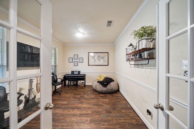 31318 Evergreen Park Ln, Conroe, TX 77385 - office space with ornamental molding, dark wood-type flooring, and baseboards