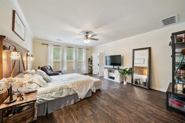 31318 Evergreen Park Ln, Conroe, TX 77385 - bedroom with crown molding, wood finished floors, ceiling fan, and baseboards